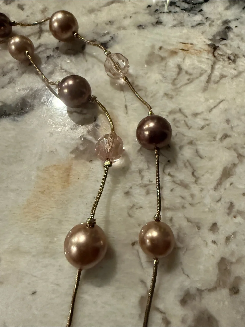Roman Gold Tone Faux Pearl Pink Glass Beaded Necklace Long 36”‎ signed RMN